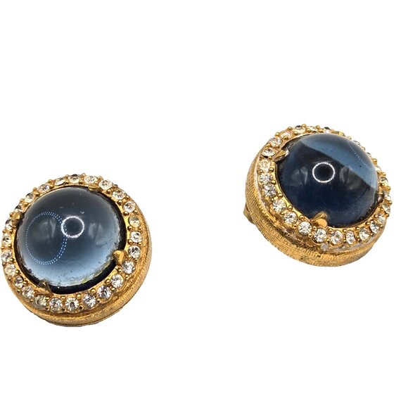 1940s Vintage Adele Simpson Signed Clip on Earrings Dark Blue Glass +Rhinestones - Picture 2 of 8